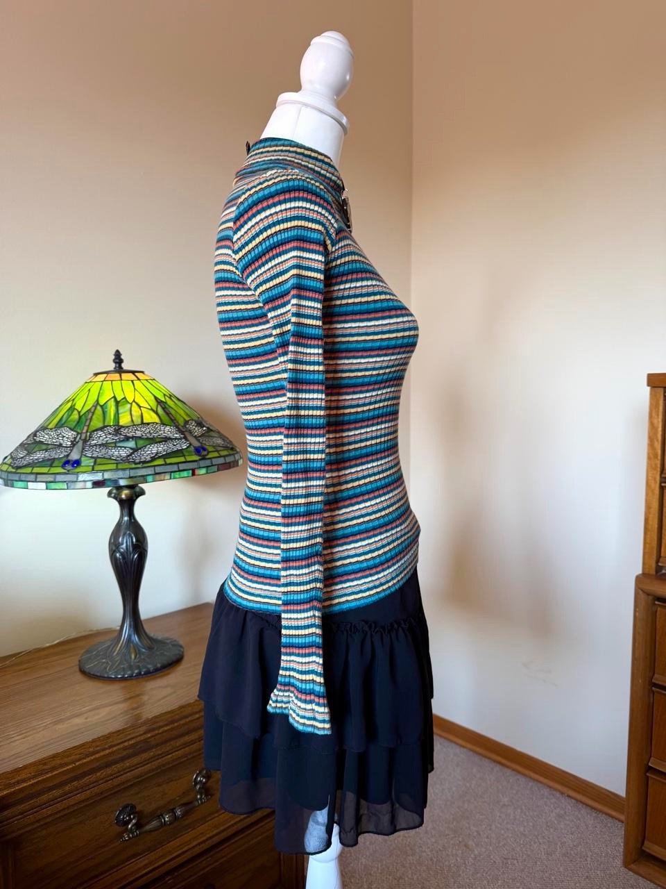 Vintage 90s Striped Turtleneck Top With Horizontal Stripes In Teal Blue — image 2 of 8